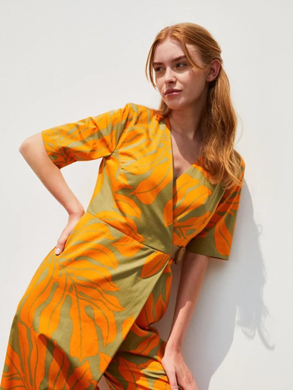 Green & Orange Tropical Print Wrap Jumpsuit – Short Sleeve Wide Leg - Picture 4 of 5